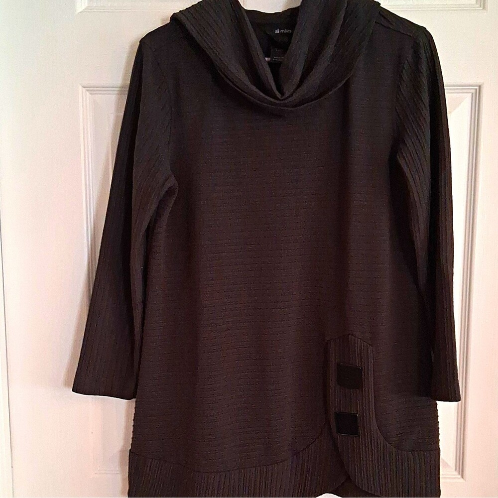 Ali Miles Black Knit Pullover Cowl Neck Tunic 3/4 Button Accent Small
